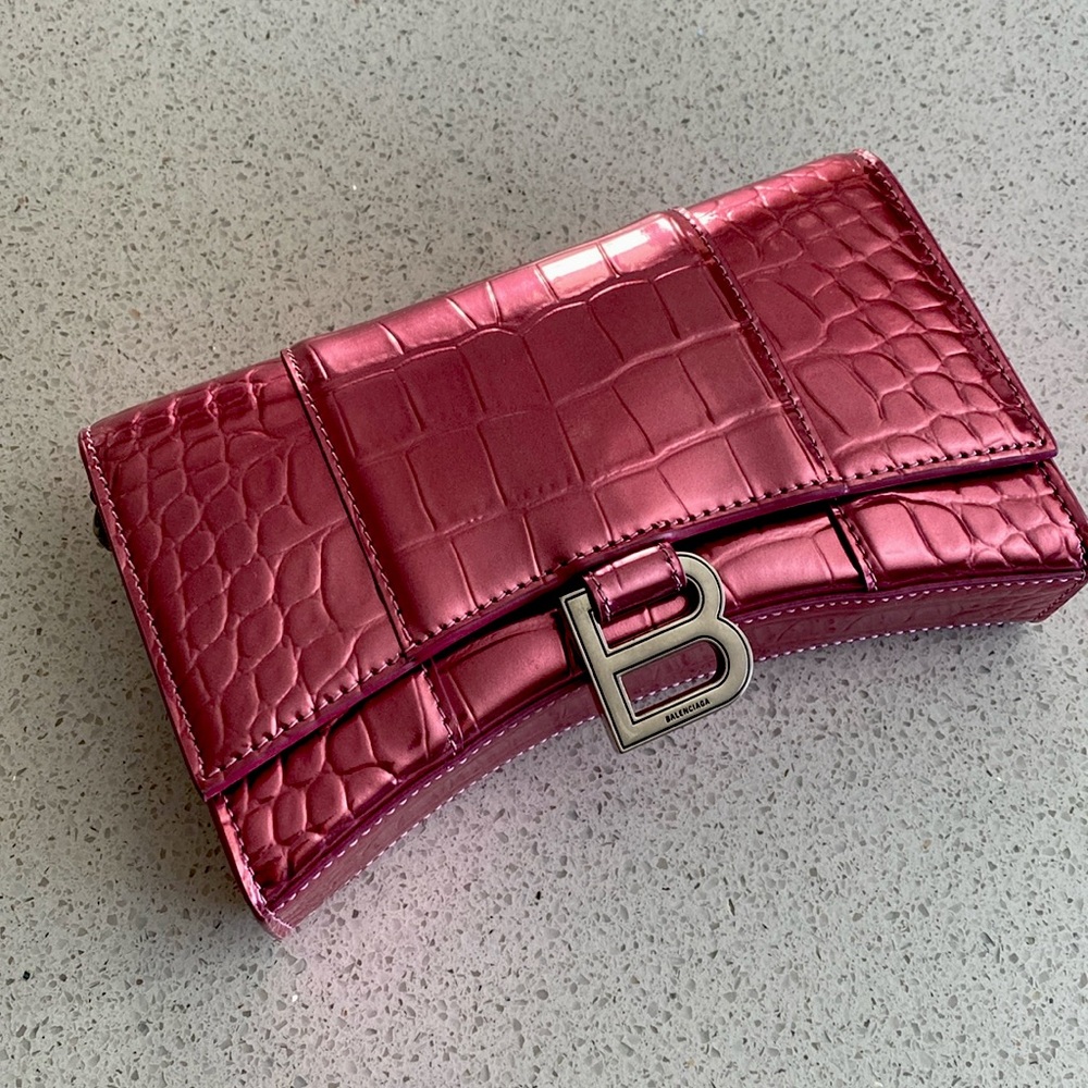 Balenciaga metallic pink hourglass wallet on chain. Comes with dust bag